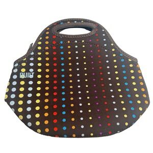 BUILT NY Gourmet Getaway Neoprene Lunch Tote Brown Rainbow Polka Dot